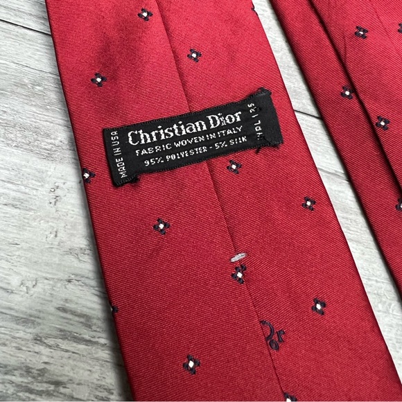 Christian Dior Red w/ Navy & White Check Tie - Picture 3 of 4